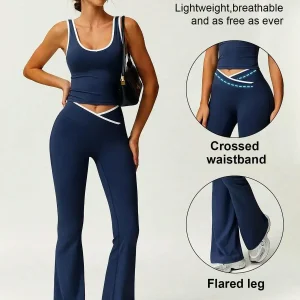 Women 2 Piece Yoga Set With Crossed Waistband And Flared Leg Pants