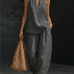 Women Summer Halter Top And Wide Leg Pants Linen Blend